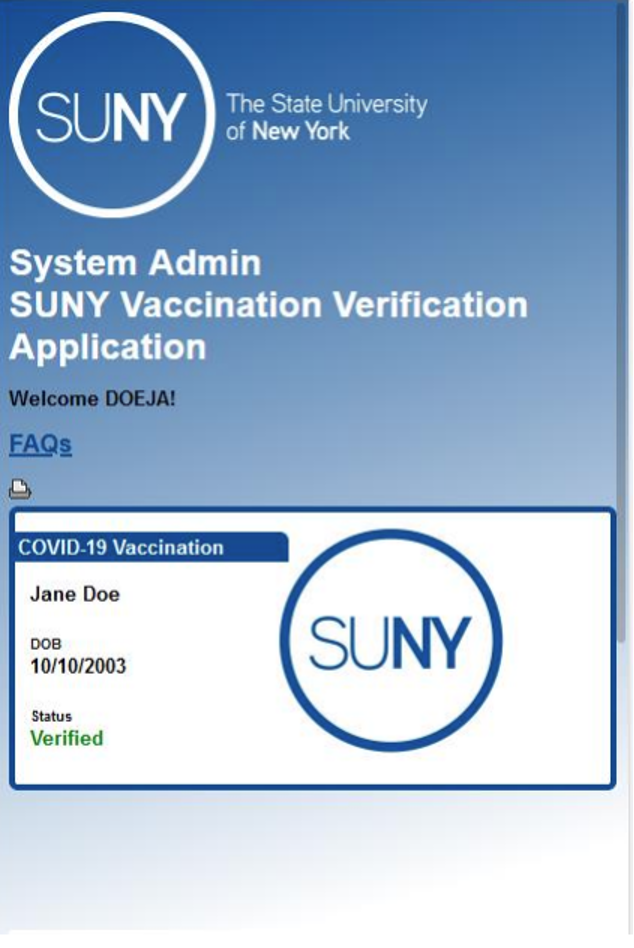 Screenshot of SUNY Verification screen SUNY Vaccination Verification Screen